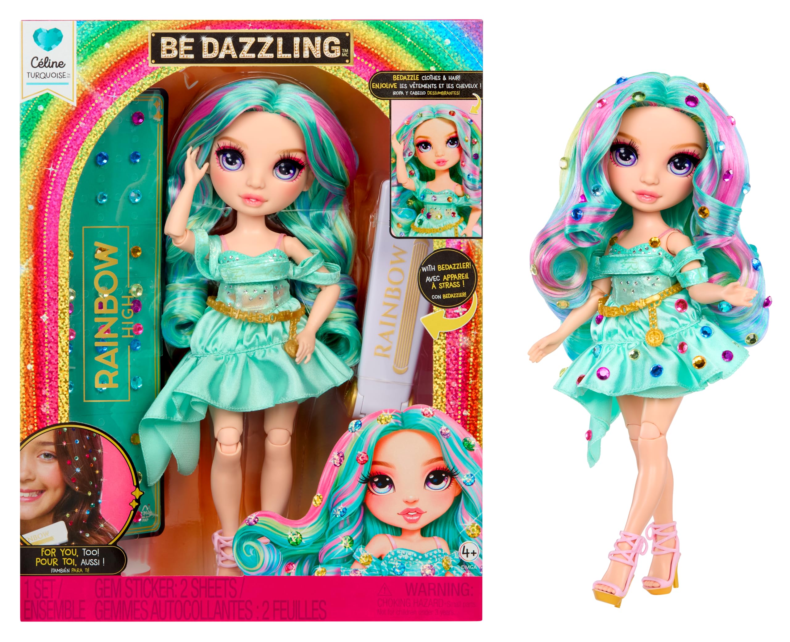 Rainbow High Be Dazzling - Celine Turchese - Bambola fashion color petrolio da 28 cm con decori, gemme scintillanti e accessori per lo styling