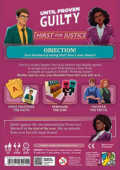 Until Proven Guilty: Thirst for Justice by DV Games | Ages 12+ | 1-6 Players | Cooperative Courtroom Narrative Board Game, Standalone Case, Jury Persuasion & Evidence Strategy Experience