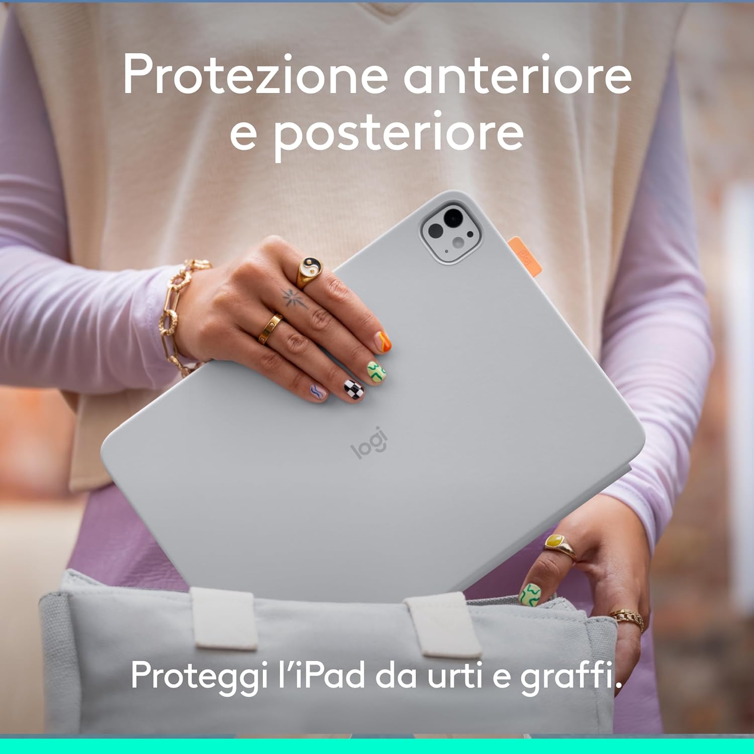 Logitech Flip Folio, custodia con tastiera per iPad Pro (M4),iPad Air da 11 pollici(M2, M3 e M4)(5ª Gen - 2024) protettiva e ripiegabile, più multi dispositivo Bluetooth, ITA QWERTY - Grigio Pallido