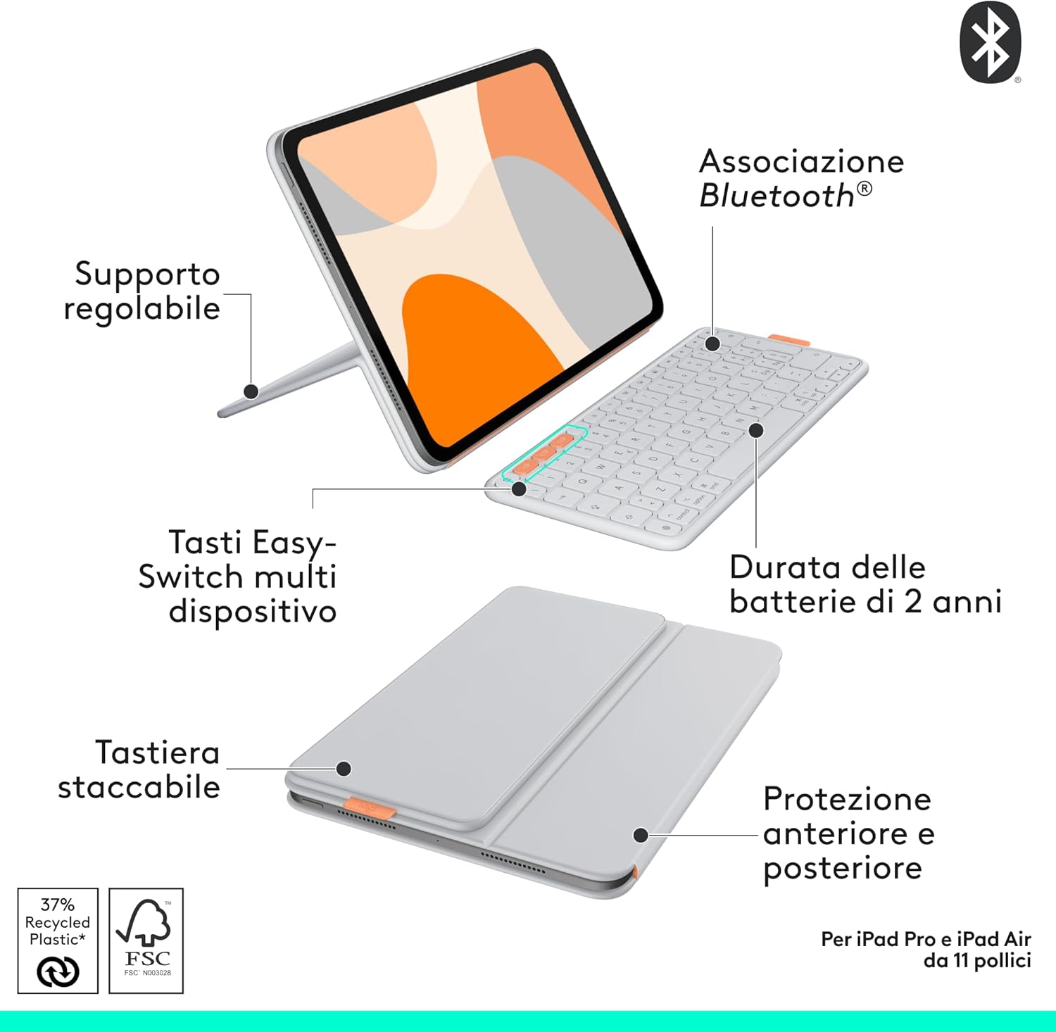 Logitech Flip Folio, custodia con tastiera per iPad Pro (M4),iPad Air da 11 pollici(M2, M3 e M4)(5ª Gen - 2024) protettiva e ripiegabile, più multi dispositivo Bluetooth, ITA QWERTY - Grigio Pallido