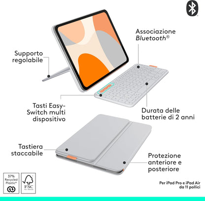 Logitech Flip Folio, custodia con tastiera per iPad Pro (M4),iPad Air da 11 pollici(M2, M3 e M4)(5ª Gen - 2024) protettiva e ripiegabile, più multi dispositivo Bluetooth, ITA QWERTY - Grigio Pallido