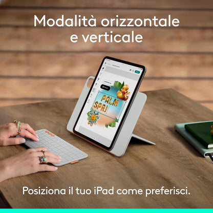 Logitech Flip Folio, custodia con tastiera per iPad Pro (M4),iPad Air da 11 pollici(M2, M3 e M4)(5ª Gen - 2024) protettiva e ripiegabile, più multi dispositivo Bluetooth, ITA QWERTY - Grigio Pallido