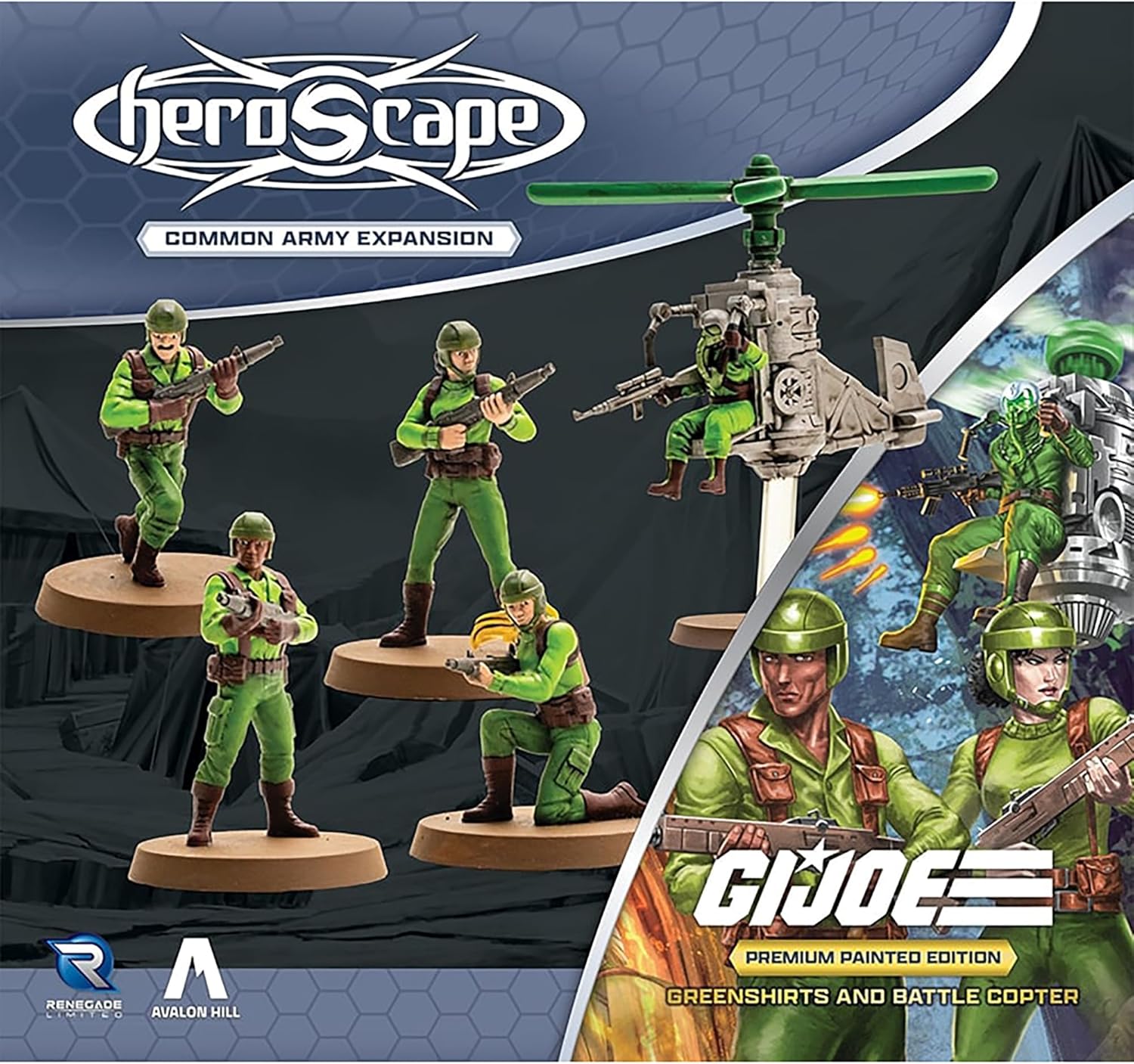 Renegade Games: GI Joe Heroscape - Greenshirts & Battle Copter Common Army Expansion - 5 Detailed Unpainted Miniatures, 2 Army Cards, Tabletop Game