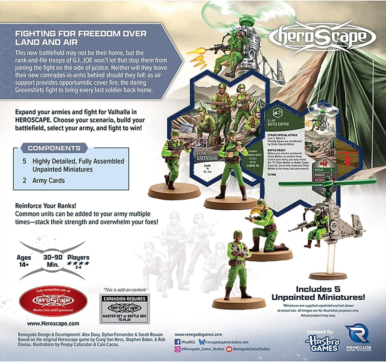 Renegade Games: GI Joe Heroscape - Greenshirts & Battle Copter Common Army Expansion - 5 Detailed Unpainted Miniatures, 2 Army Cards, Tabletop Game