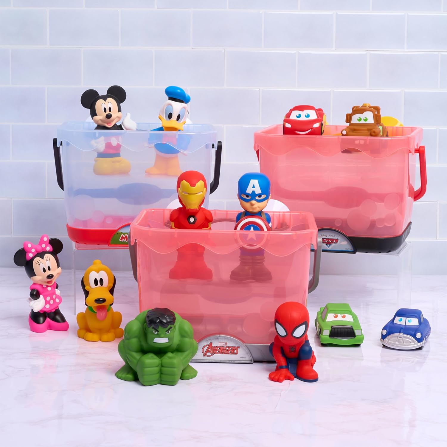 Disney Toy Story Bath Caddy, 6-pieces, 5 Bath Toy Figures Sealed for Safety, Attaches to Wall, Bath Toy for Fans, Girls, Boys, Kids, Ages 3 and Up