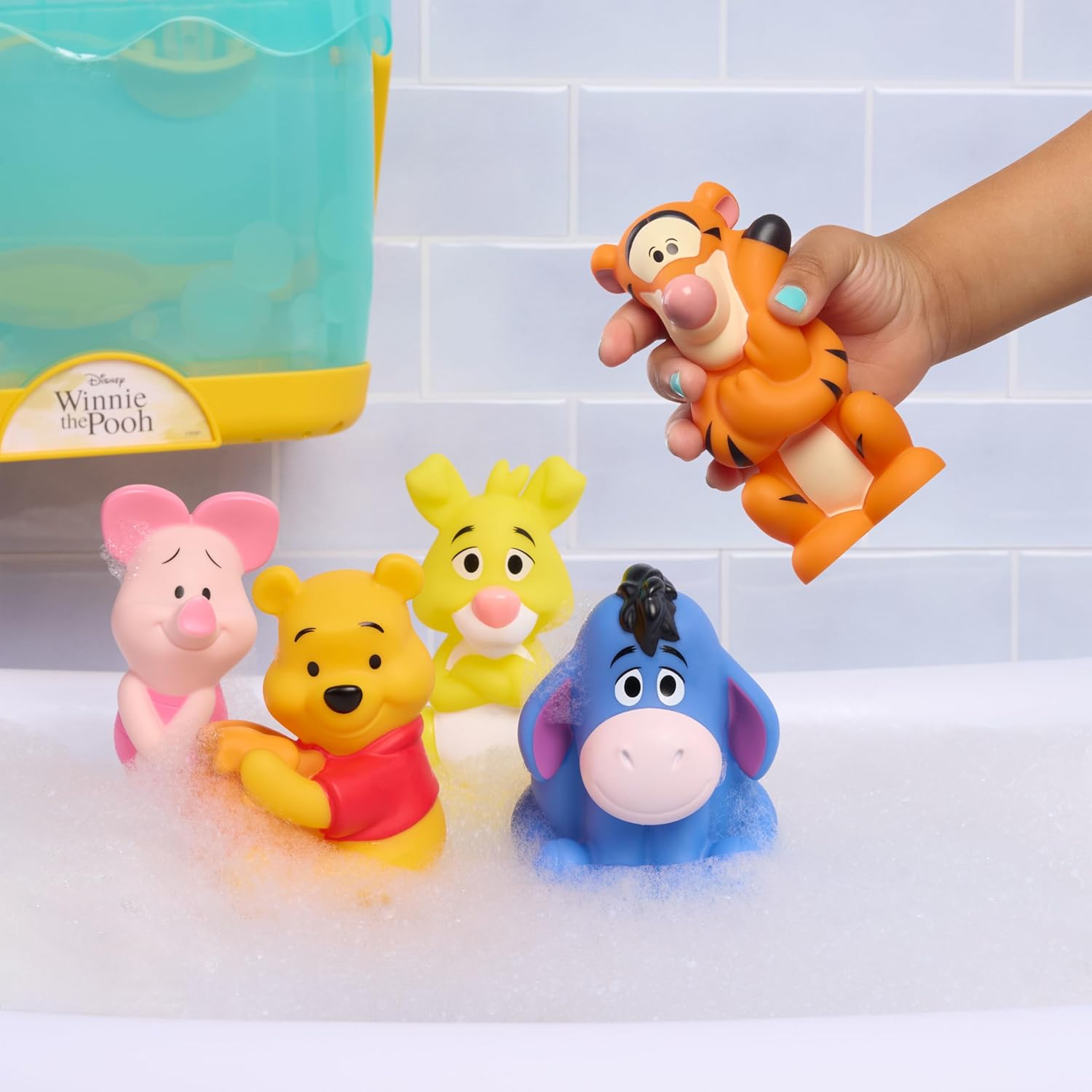 Disney Winnie the Pooh Bath Caddy, 6-pieces, 5 Bath Toy Figures Sealed for Safety, Attaches to Wall, Bath Toy for Fans, Girls, Boys, Kids, Ages 3 and Up