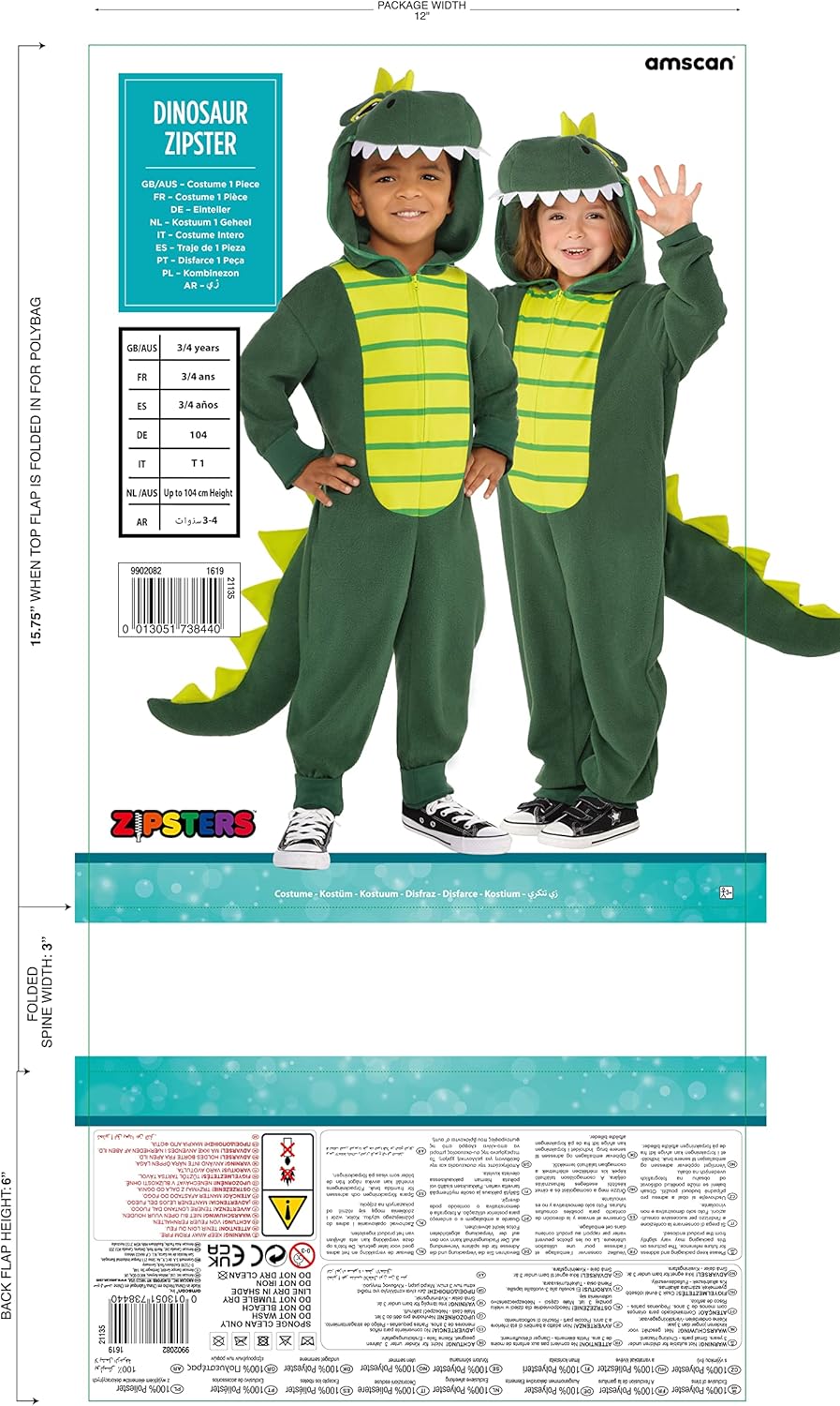 amscan Disfraz de Dinosaurio con capucha y cola de dinosaurio niño