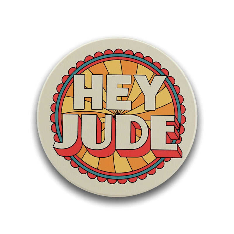 Half Moon Bay Beatles Round Drink Coaster, Retro Typography Music Graphic Décor 4 x 4 Inch Ceramic