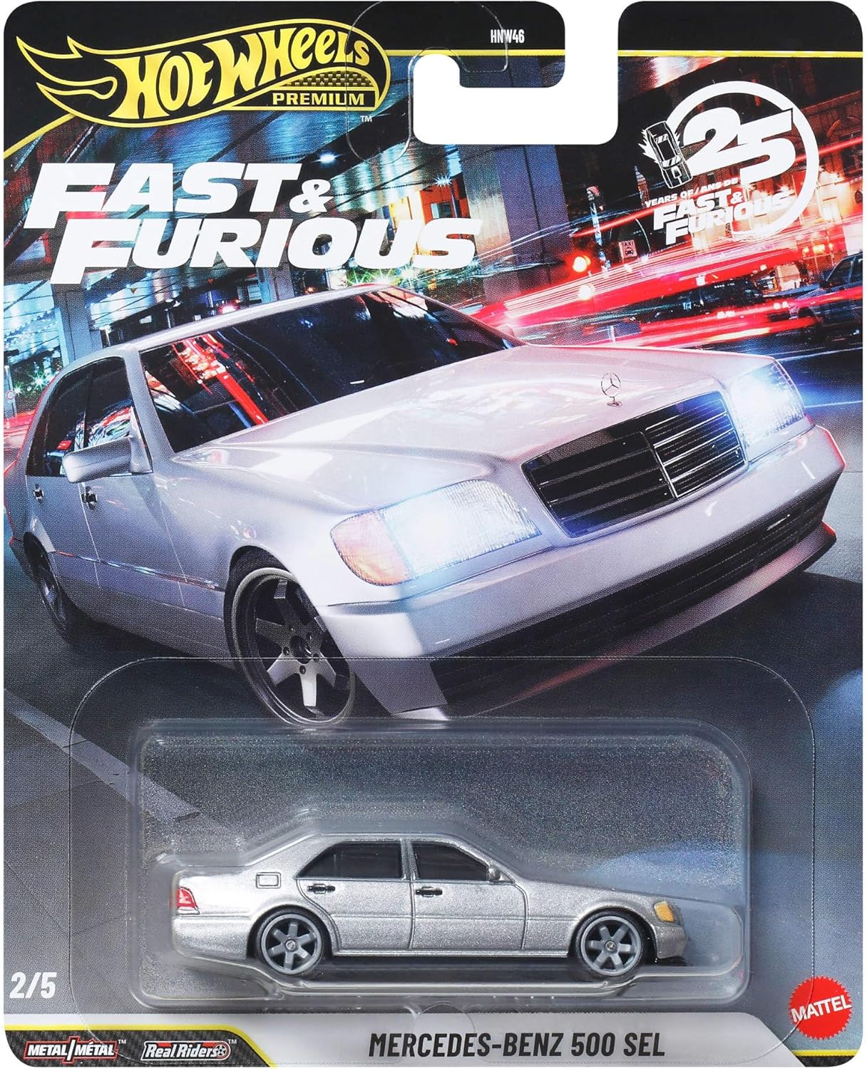 Hot Wheels Cars, Premium Fast & Furious, Mercedes Benz 500 SEL, 1:64 Scale Die-Cast Car for Collectors Inspired by Movie Franchise, JHW67