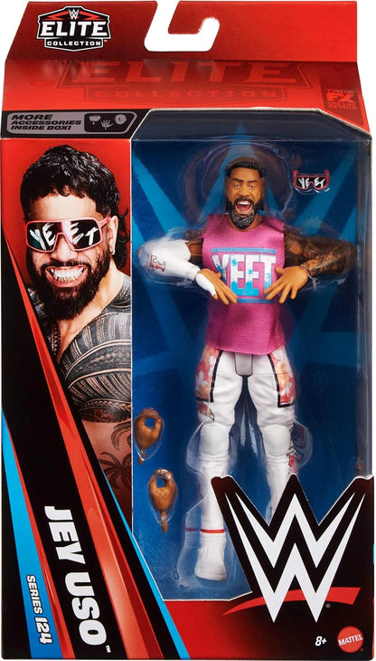 Mattel WWE Elite Action Figure & Accessories, Series #124 Set, 6-inch Collectible Jey Uso with 25 Articulation Points & Swappable Hands, JHT68