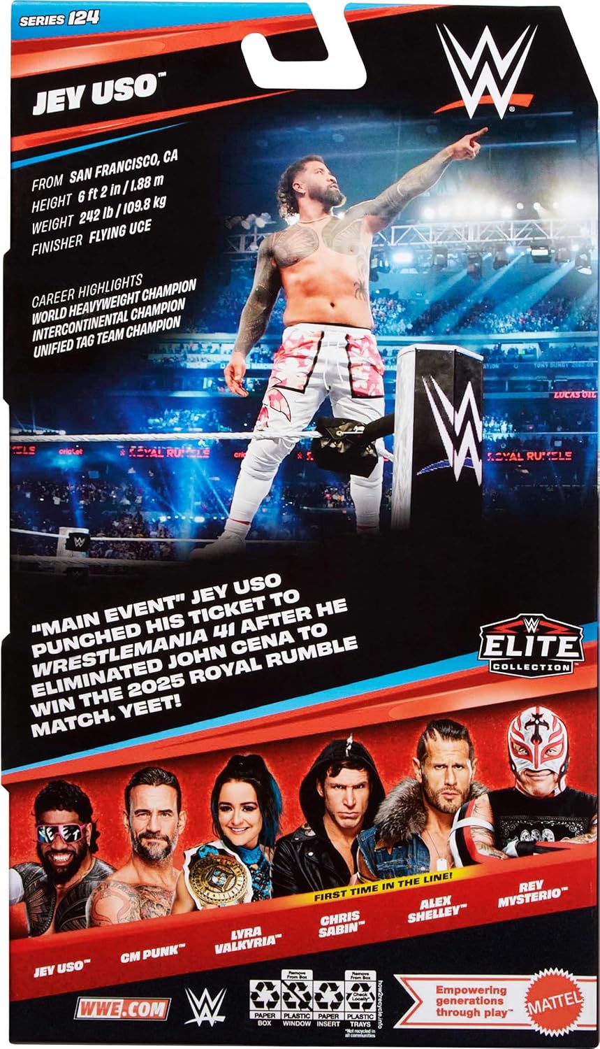 Mattel WWE Elite Action Figure & Accessories, Series #124 Set, 6-inch Collectible Jey Uso with 25 Articulation Points & Swappable Hands, JHT68