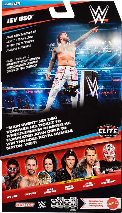 Mattel WWE Elite Action Figure & Accessories, Series #124 Set, 6-inch Collectible Jey Uso with 25 Articulation Points & Swappable Hands, JHT68