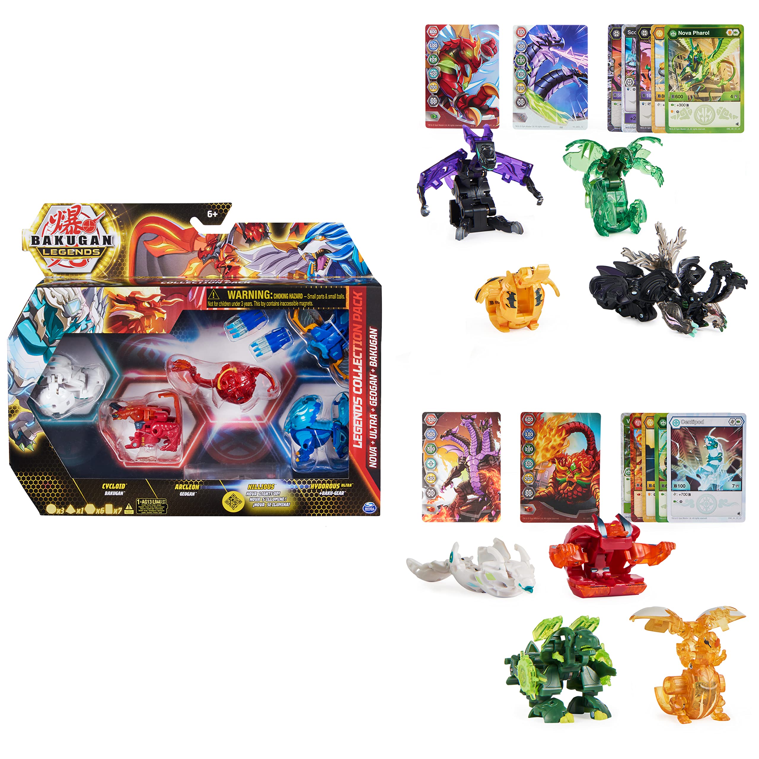 BAKUGAN 'Legends' 2023 Legends Collection Pack of 4 with 1 Nova Ball, 1 Basic Ball, 1 Geogan and 1 Ultra Ball with Baku Gear, Various Variations, for Children from 6 Years