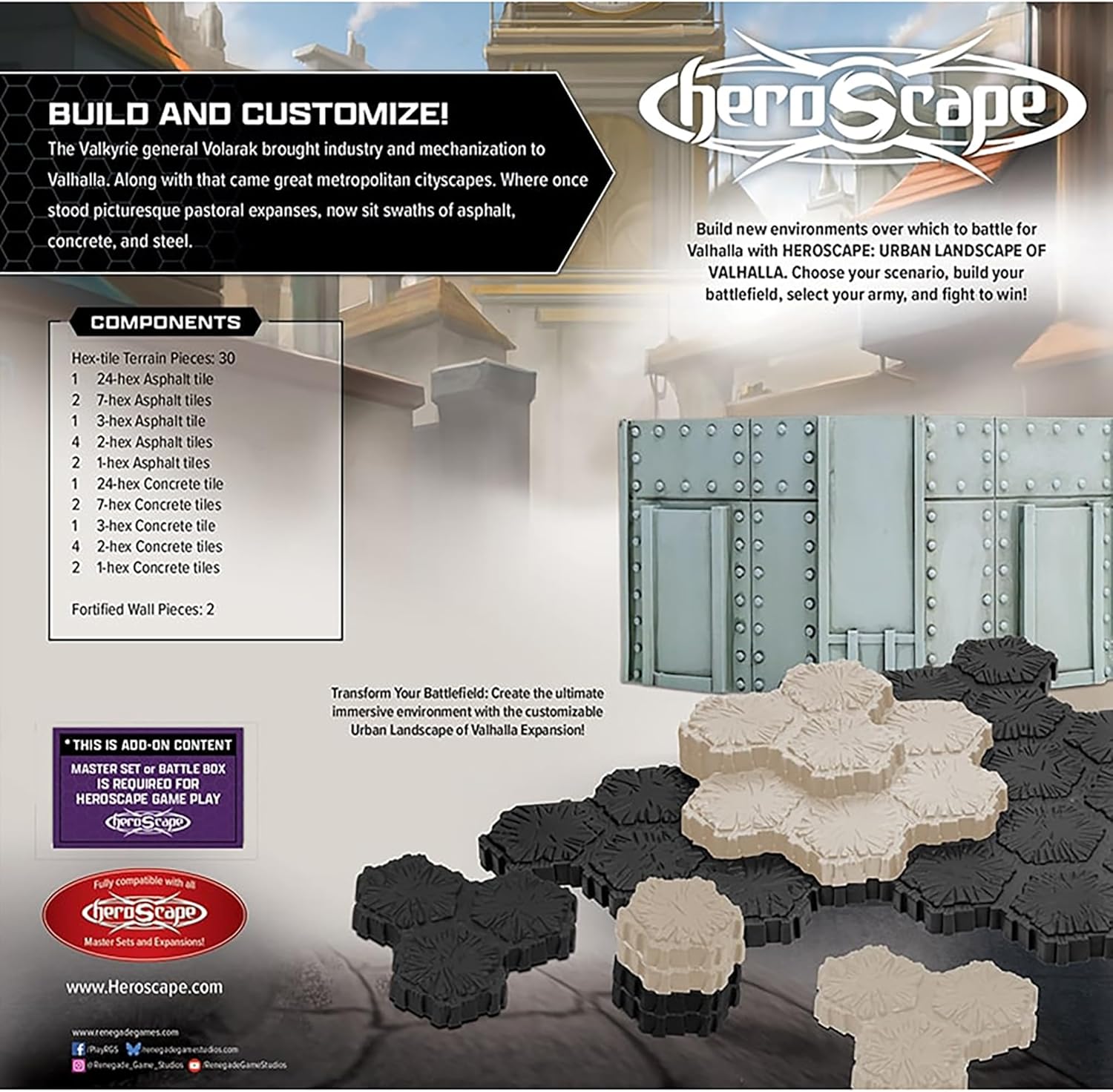 Renegade Games: Heroscape - The Urban Landscape of Valhalla Terrain Expansion -32pcs, Asphalt & Concrete Tiles, Hex-Based Miniature Game Accessory