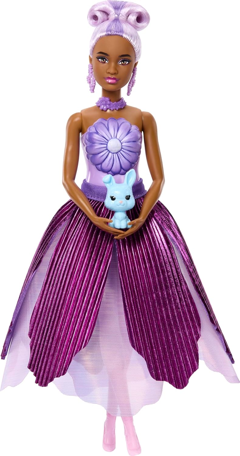 Barbie Petal Pop Scented Doll with Purple Floral Dress & Accessories, Bouquet Reveal with Pet Bunny & Surprises like Watering Can, Necklace & Earrings, JMF58