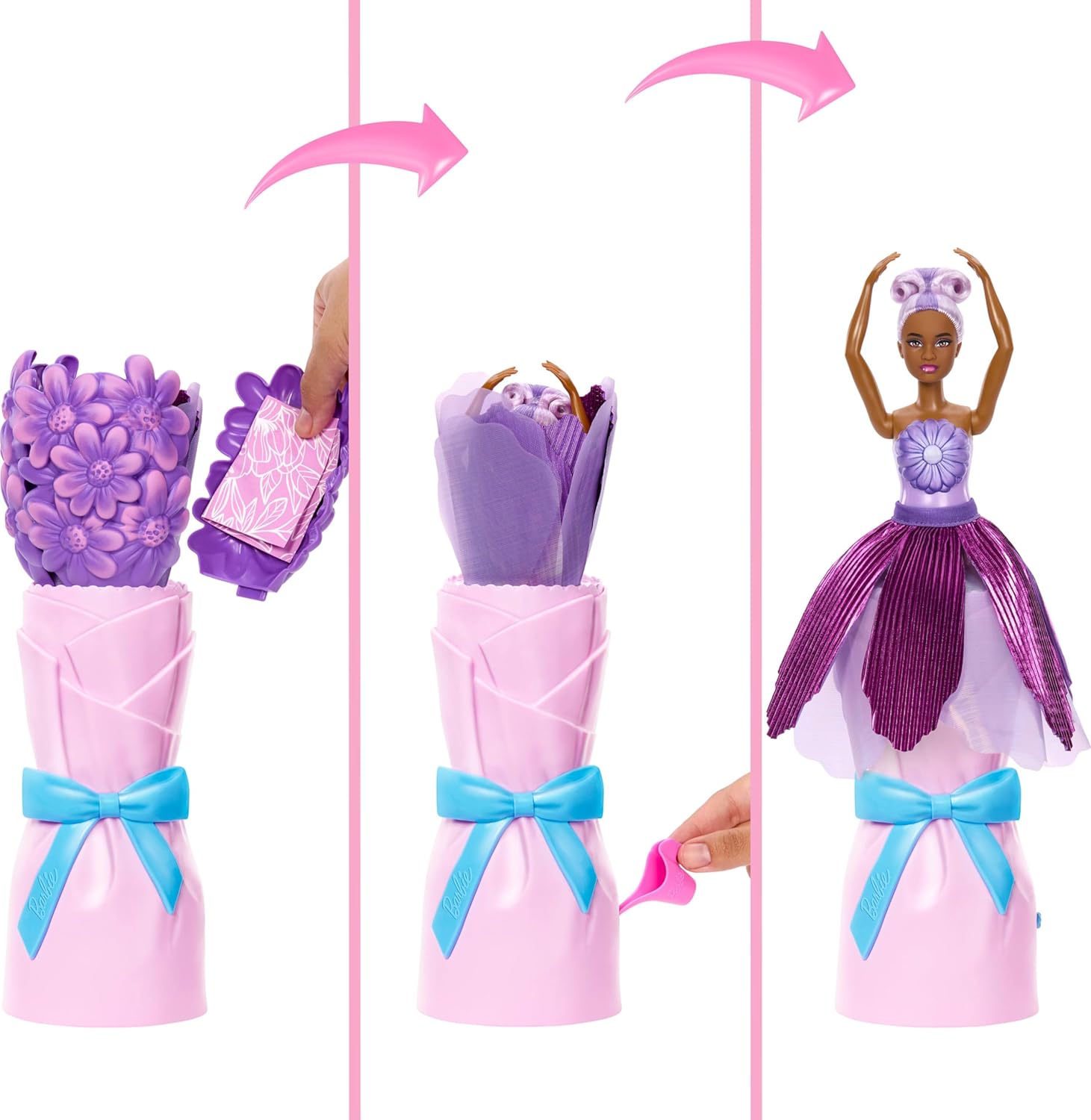 Barbie Petal Pop Scented Doll with Purple Floral Dress & Accessories, Bouquet Reveal with Pet Bunny & Surprises like Watering Can, Necklace & Earrings, JMF58