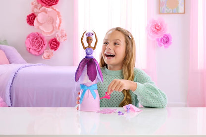 Barbie Petal Pop Scented Doll with Purple Floral Dress & Accessories, Bouquet Reveal with Pet Bunny & Surprises like Watering Can, Necklace & Earrings, JMF58