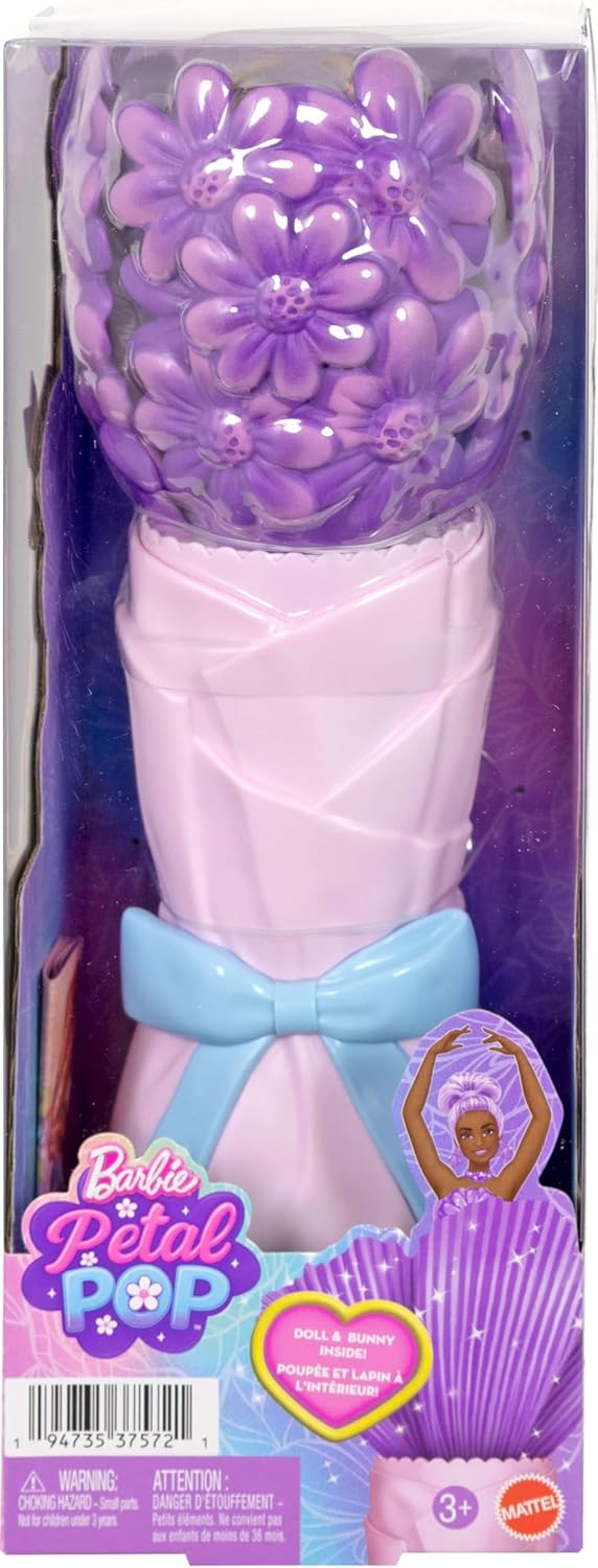 Barbie Petal Pop Scented Doll with Purple Floral Dress & Accessories, Bouquet Reveal with Pet Bunny & Surprises like Watering Can, Necklace & Earrings, JMF58