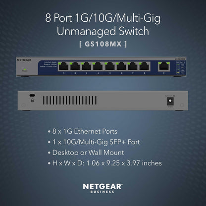 NETGEAR 10-Port Network Switch (GS108MX) - with 8 x 1G, 1 x Multi-gig SFP, Desktop, Wall or Rackmount, and Limited Lifetime Protection