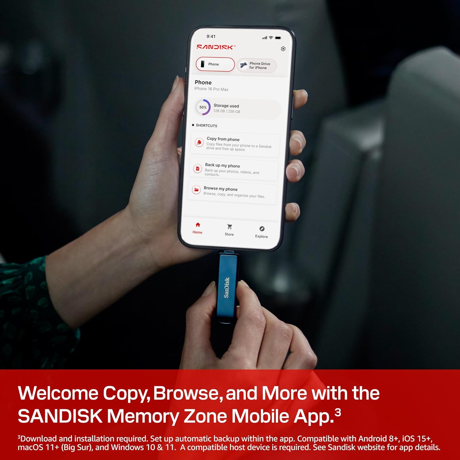 SanDisk Phone Drive, 256GB USB Flash Drive for iPhone, iPad, PC and Mac (2-in-1 iPhone storage, Lightning & USB Type-C Connectors, Automatic Backup, Password Protection, Encryption) Metallic Sky