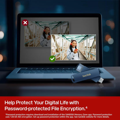 SanDisk Phone Drive, 256GB USB Flash Drive for iPhone, iPad, PC and Mac (2-in-1 iPhone storage, Lightning & USB Type-C Connectors, Automatic Backup, Password Protection, Encryption) Metallic Sky