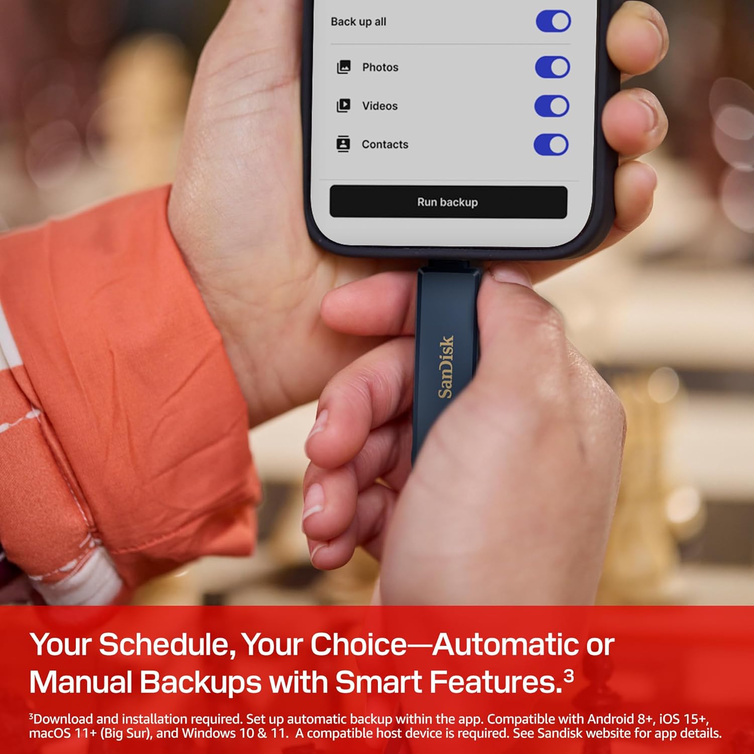 SanDisk Phone Drive, 256GB USB Flash Drive for iPhone, iPad, PC and Mac (2-in-1 iPhone storage, Lightning & USB Type-C Connectors, Automatic Backup, Password Protection, Encryption) Metallic Sky