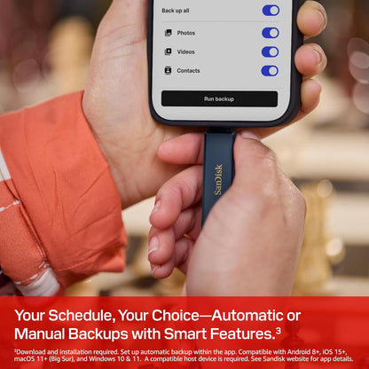 SanDisk Phone Drive, 256GB USB Flash Drive for iPhone, iPad, PC and Mac (2-in-1 iPhone storage, Lightning & USB Type-C Connectors, Automatic Backup, Password Protection, Encryption) Metallic Sky