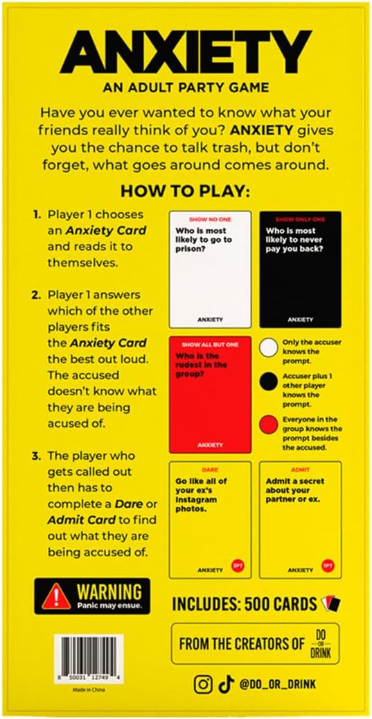Viral Studios Anxiety - The Savage Party Card Game for Accusations, Dares & Horrible Honesty – 500 Cards, Ages 17+, Perfect for Adults