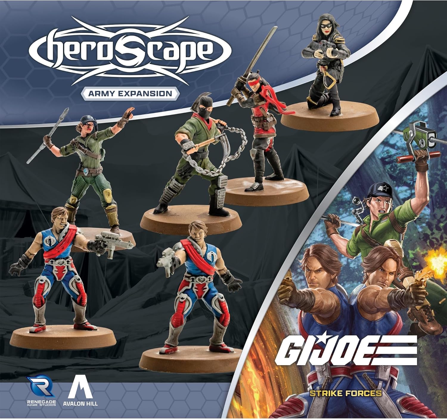 Renegade Games: GI Joe Heroscape - Strike Forces Army Expansion - 2 Unique Heroes, (2) 2-Figure Squads, 3 Zipline Permanent Power Gyphs, 4 Army Cards
