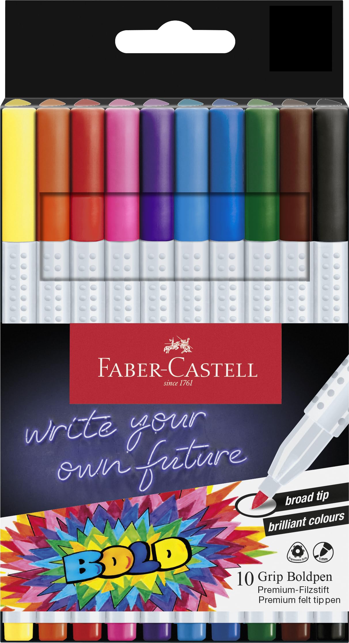 Faber-Castell Boldpen 155317 Felt Tip Pen Set, 10 Grip Fibre Pens with 1 mm Line Width, Washable Ink