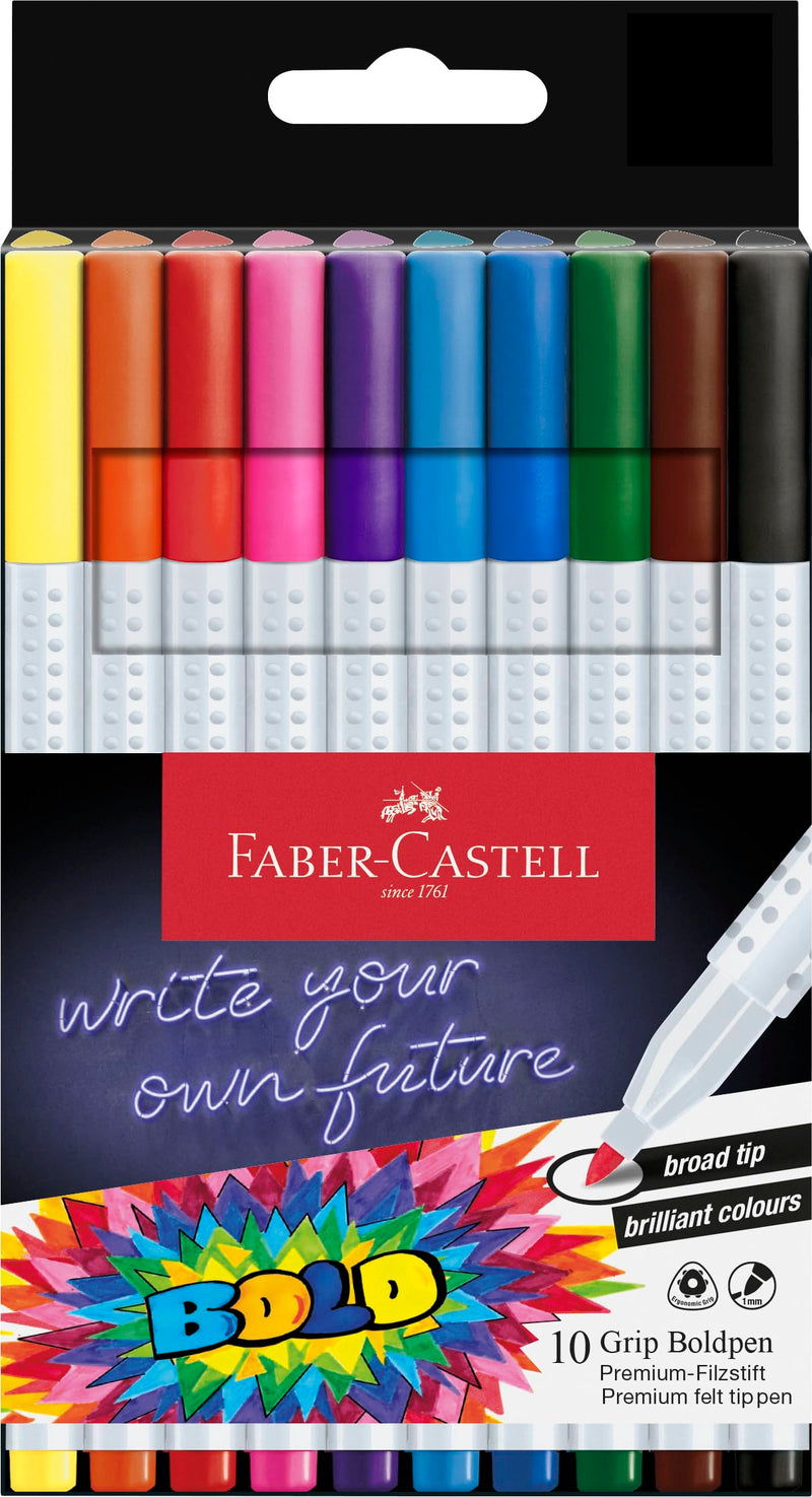 Faber-Castell Boldpen 155317 Felt Tip Pen Set, 10 Grip Fibre Pens with 1 mm Line Width, Washable Ink