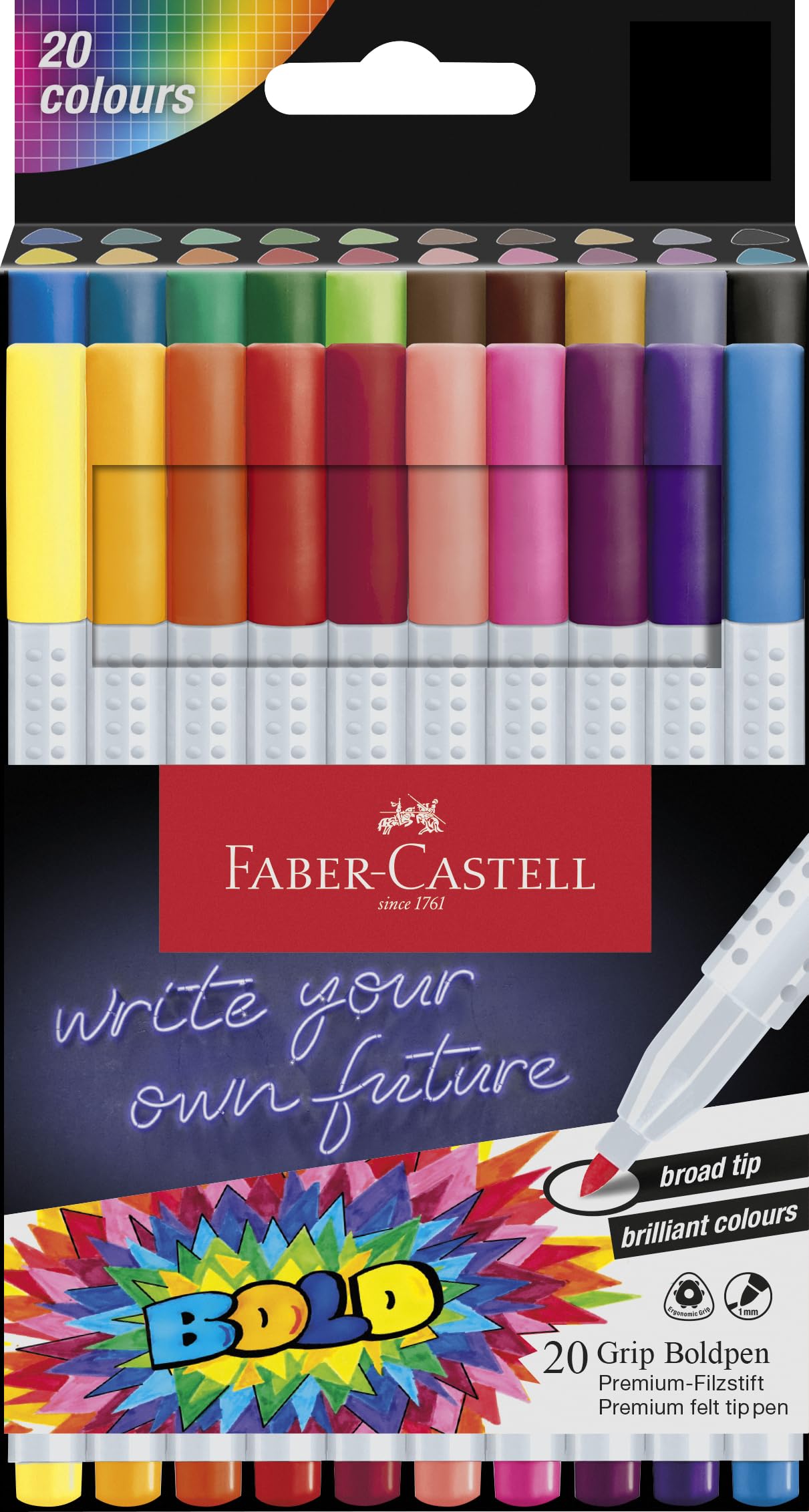 Faber-Castell Boldpen 155318 Felt Tip Pen Set, 20 Grip Fibre Pens with 1 mm Line Width, Washable Ink