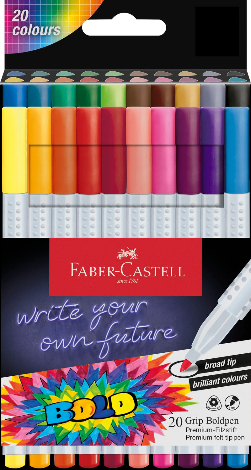 Faber-Castell Boldpen 155318 Felt Tip Pen Set, 20 Grip Fibre Pens with 1 mm Line Width, Washable Ink