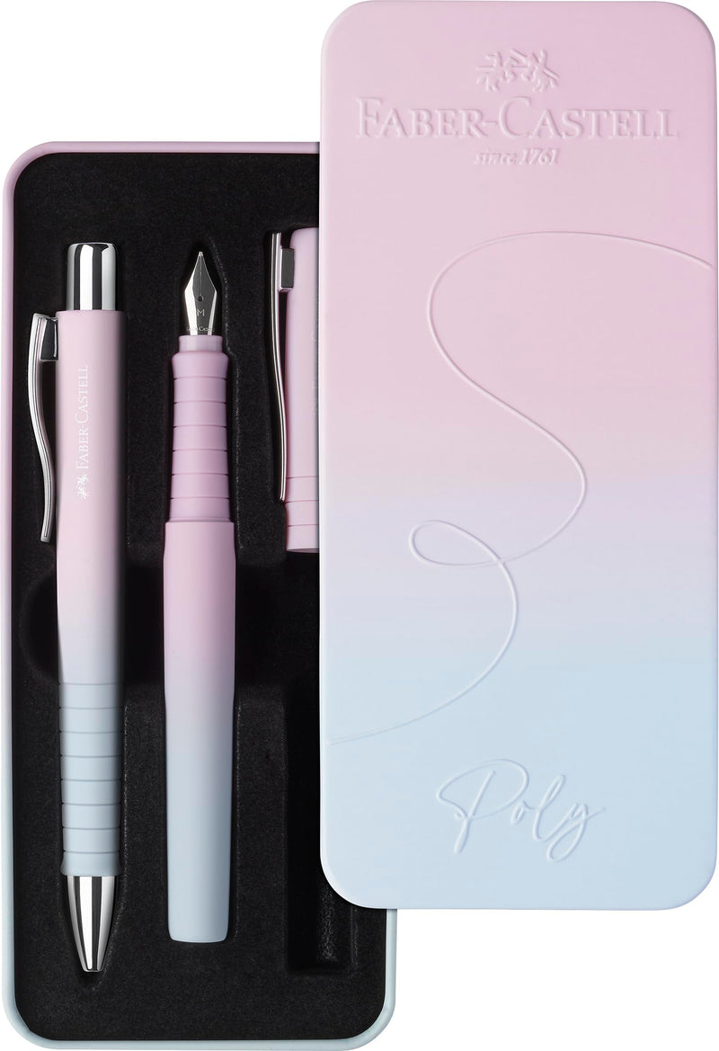 Faber-Castell 241054 Poly Pen Writing Set with XB Ballpoint Pen and Fountain Pen M, Gift Set Blushing Sky