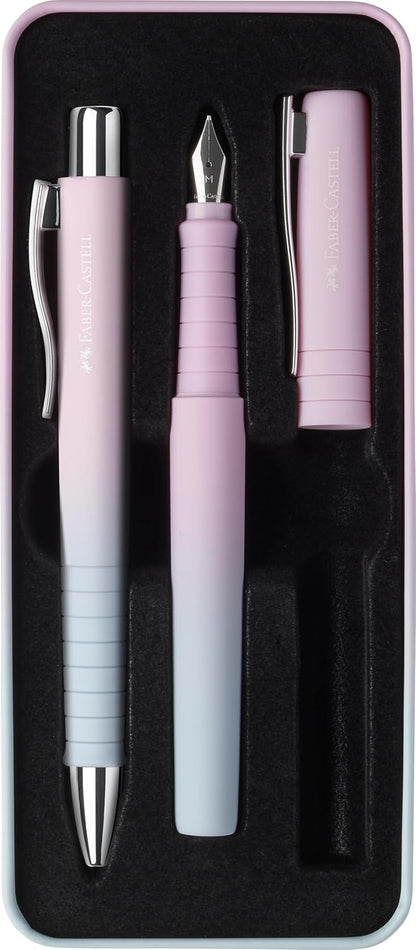 Faber-Castell 241054 Poly Pen Writing Set with XB Ballpoint Pen and Fountain Pen M, Gift Set Blushing Sky