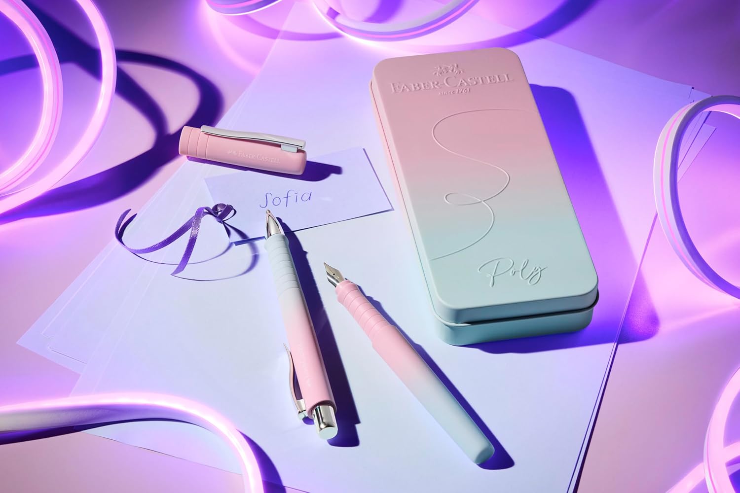 Faber-Castell 241054 Poly Pen Writing Set with XB Ballpoint Pen and Fountain Pen M, Gift Set Blushing Sky