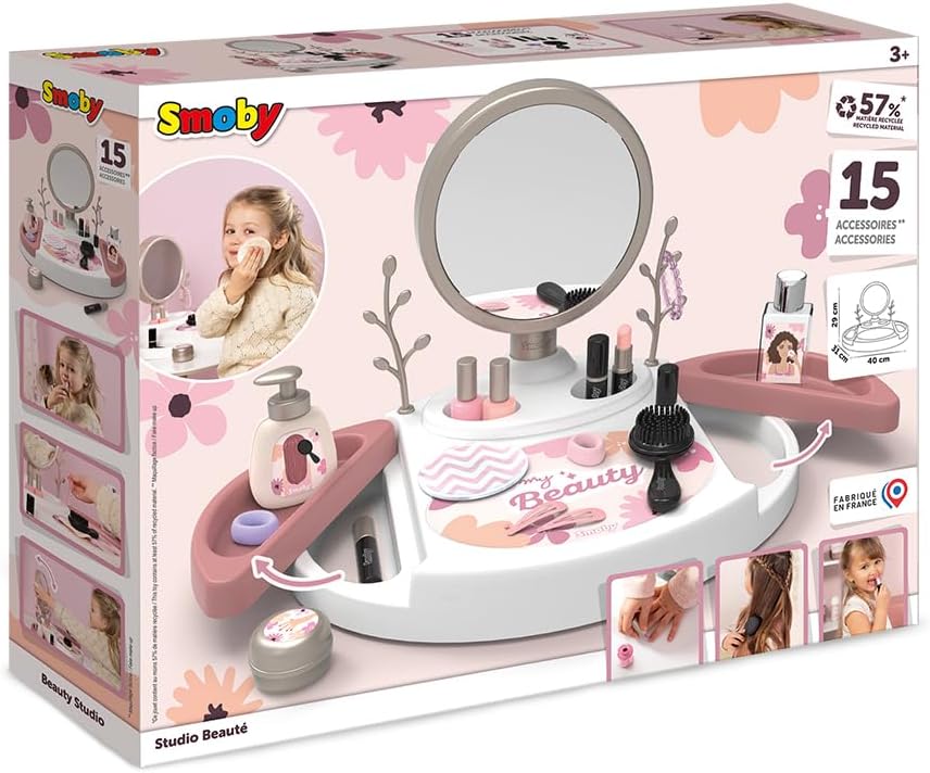 Smoby - My Beauty Studio - Kapsalon, Nagelsalon, Nepmake-up - Afneembare spiegel - Draaibare lades - 15 accessoires - Gerecycled materiaal - Vanaf 3 jaar - Gemaakt in Frankrijk