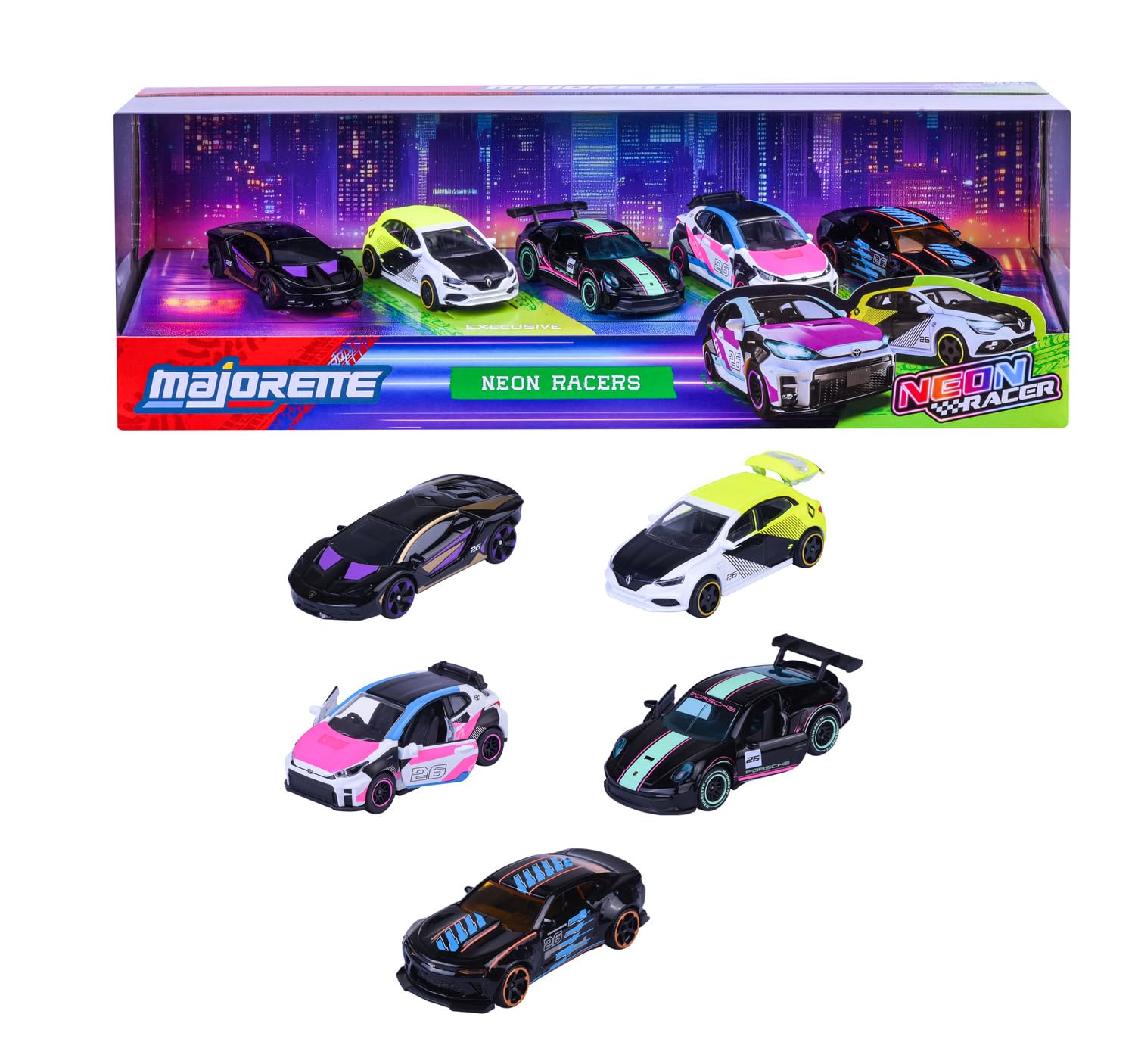 Majorette Neon Racer 5-delige cadeauset - 5 speelgoedauto's met vrijloop, te openen onderdelen, van metaal, 1:64, officieel gelicentieerd, meerkleurig, voor verzamelaars en kinderen vanaf 3 jaar, 7,5