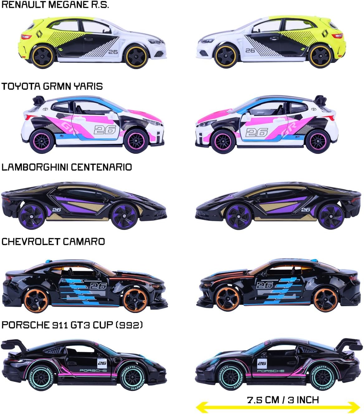 Majorette Neon Racer 5-delige cadeauset - 5 speelgoedauto's met vrijloop, te openen onderdelen, van metaal, 1:64, officieel gelicentieerd, meerkleurig, voor verzamelaars en kinderen vanaf 3 jaar, 7,5