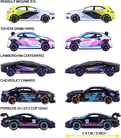 Majorette Neon Racer 5-delige cadeauset - 5 speelgoedauto's met vrijloop, te openen onderdelen, van metaal, 1:64, officieel gelicentieerd, meerkleurig, voor verzamelaars en kinderen vanaf 3 jaar, 7,5