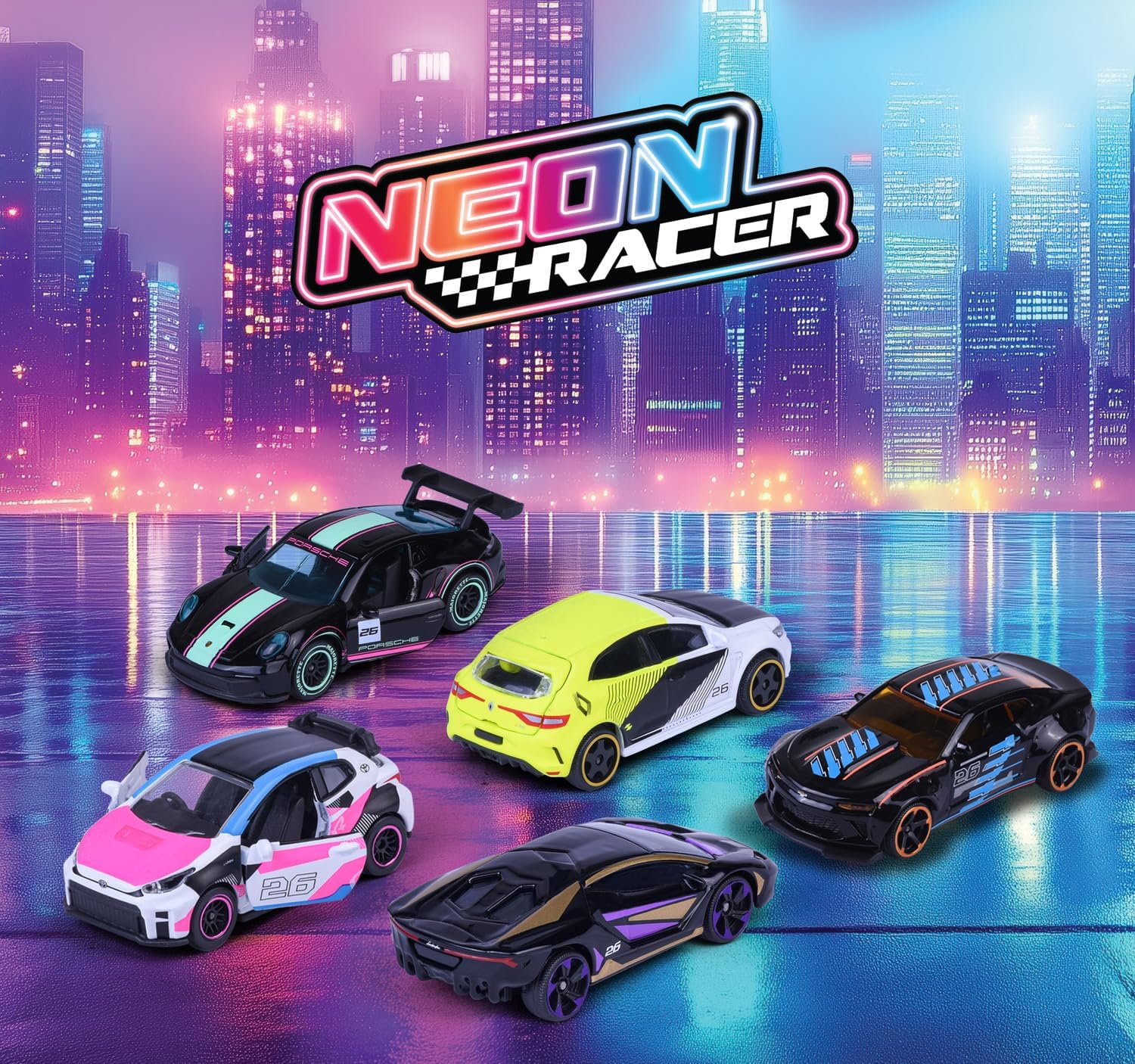 Majorette Neon Racer 5-delige cadeauset - 5 speelgoedauto's met vrijloop, te openen onderdelen, van metaal, 1:64, officieel gelicentieerd, meerkleurig, voor verzamelaars en kinderen vanaf 3 jaar, 7,5