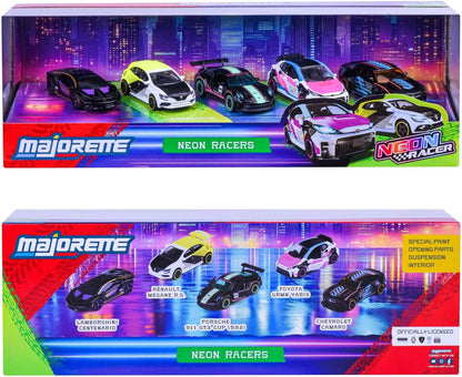 Majorette Neon Racer 5-delige cadeauset - 5 speelgoedauto's met vrijloop, te openen onderdelen, van metaal, 1:64, officieel gelicentieerd, meerkleurig, voor verzamelaars en kinderen vanaf 3 jaar, 7,5