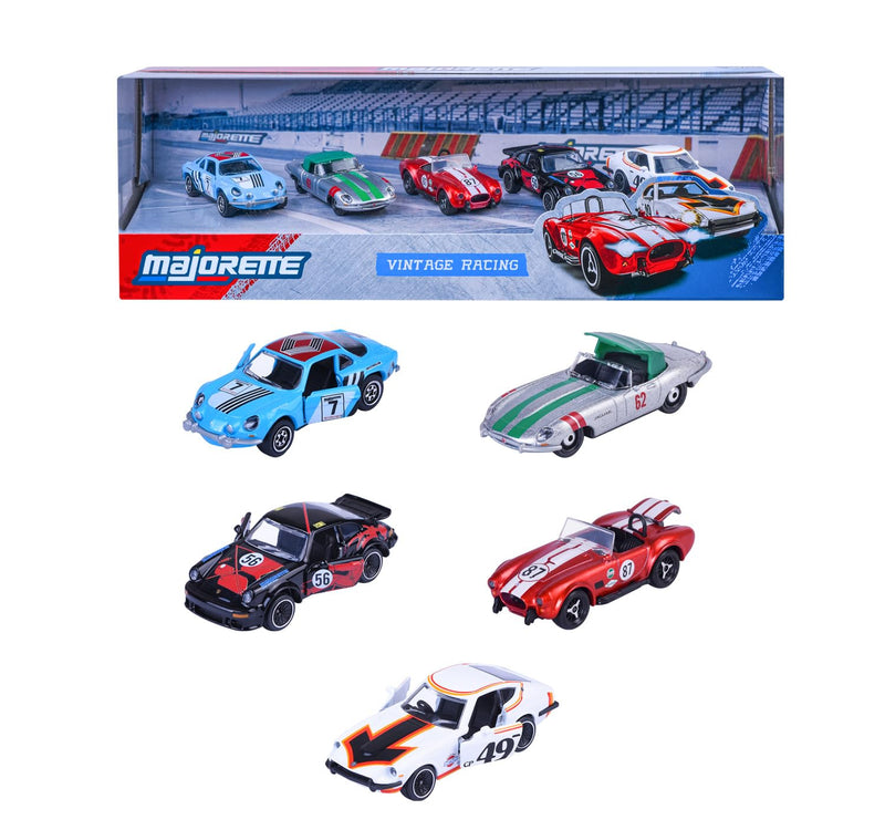 Majorette Autoset Vintage Racing (5 auto's) - 5 racewagenklassiekers van metaal met vrijloop, vering en te openen deel, speelgoedauto's voor verzamelaars en kinderen vanaf 3 jaar, elk ca. 7,5 cm