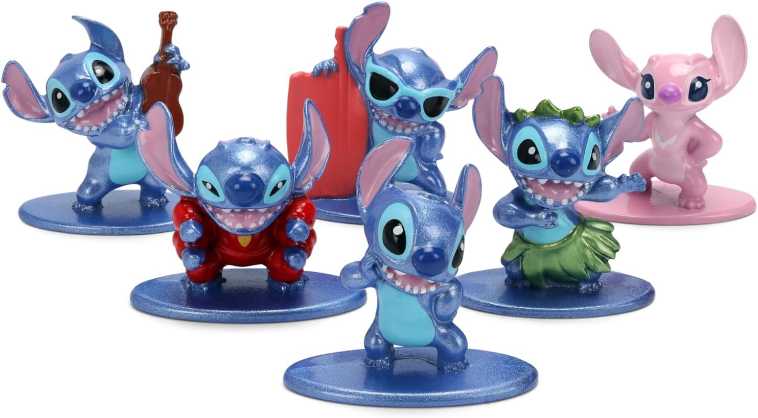 Jada Toys Set van 6 metalen stitch-figuren, 4 cm, diorama met Stitch in verschillende poses + engel, mini-collectie, Disney Lilo & Stitch vanaf 8 jaar (201105003