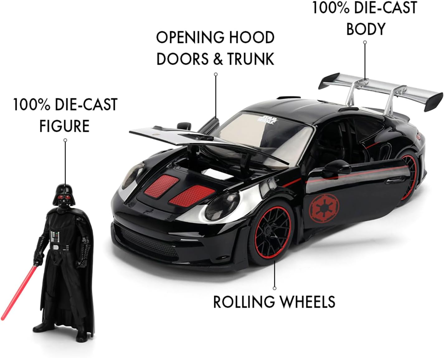 Jada Toys Star Wars Darth Vader Porsche 911 GT3 RS Die-Cast Car 1:24 with Figure, Doors and Bonnet to Open, Freewheel, 19 cm - Black