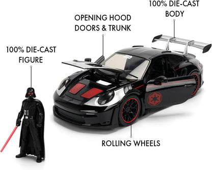 Jada Toys Star Wars Darth Vader Porsche 911 GT3 RS Die-Cast Car 1:24 with Figure, Doors and Bonnet to Open, Freewheel, 19 cm - Black