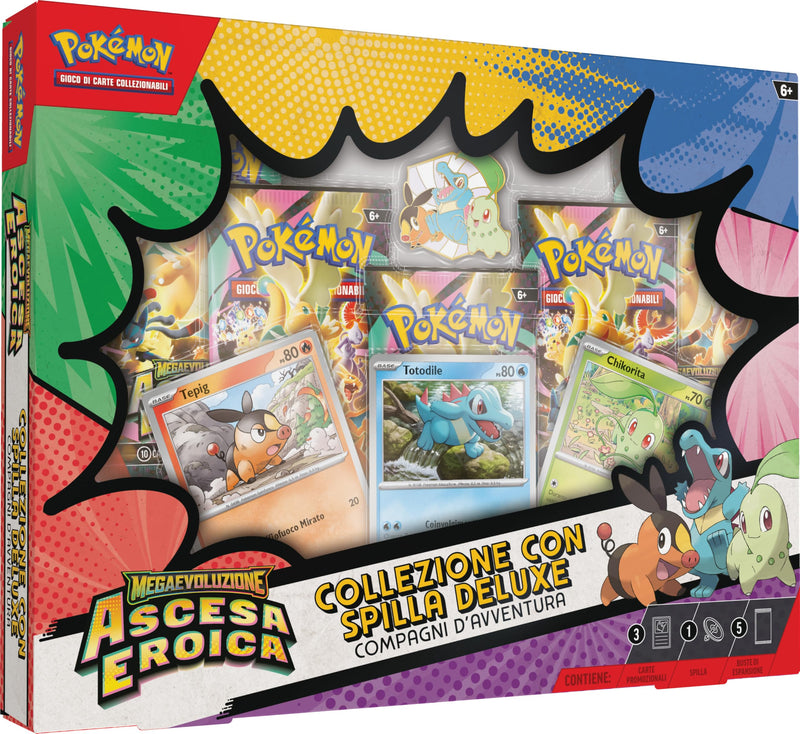 Pokémon: collezione con spilla deluxe Compagni d’avventura dell’espansione Megaevoluzione - Ascesa Eroica del GCC Pokémon (3 carte promozionali olografiche, 1 spilla deluxe e 5 buste di espansione