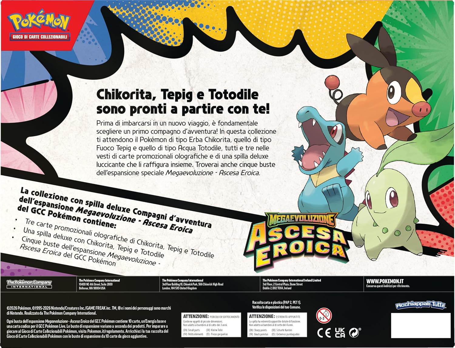 Pokémon: collezione con spilla deluxe Compagni d’avventura dell’espansione Megaevoluzione - Ascesa Eroica del GCC Pokémon (3 carte promozionali olografiche, 1 spilla deluxe e 5 buste di espansione