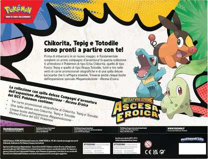 Pokémon: collezione con spilla deluxe Compagni d’avventura dell’espansione Megaevoluzione - Ascesa Eroica del GCC Pokémon (3 carte promozionali olografiche, 1 spilla deluxe e 5 buste di espansione