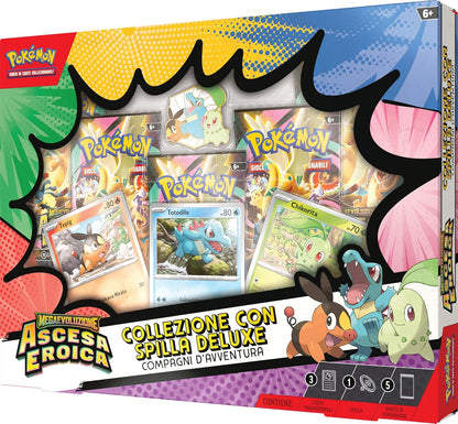 Pokémon: collezione con spilla deluxe Compagni d’avventura dell’espansione Megaevoluzione - Ascesa Eroica del GCC Pokémon (3 carte promozionali olografiche, 1 spilla deluxe e 5 buste di espansione